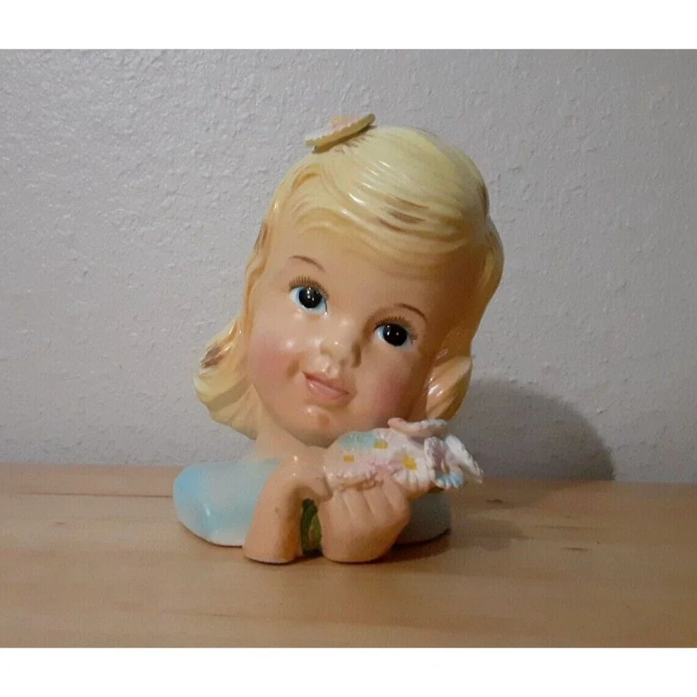 VTG Rare Enesco 1950's Delsey Tissue Girls Headvase 6